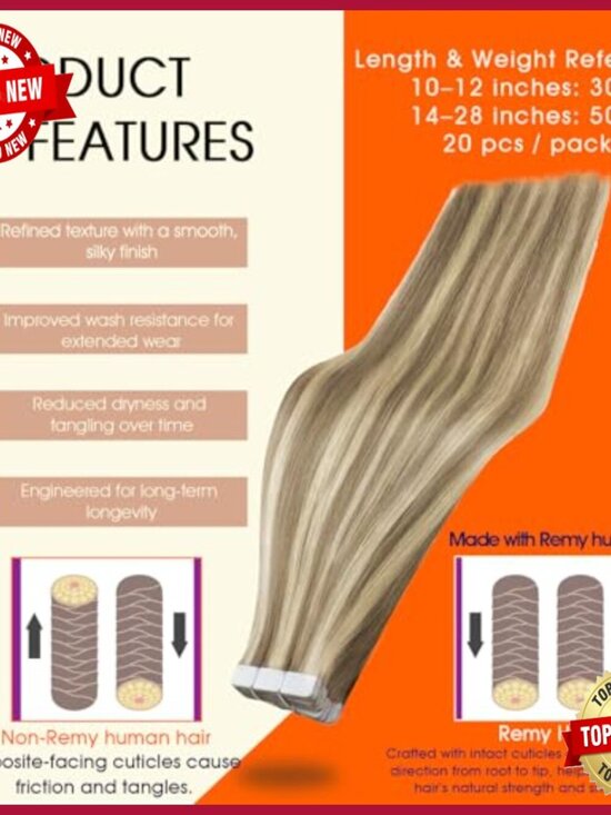 22-Inch Tape-In Hair Extensions, Remy Human Hair, 50g, 20 Pieces